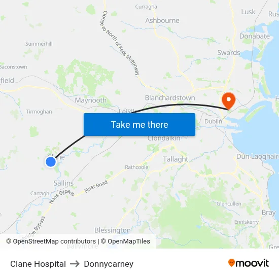 Clane Hospital to Donnycarney map