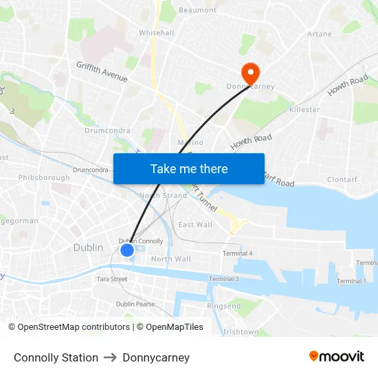 Connolly Station to Donnycarney map