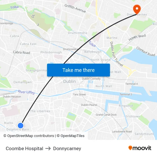 Coombe Hospital to Donnycarney map