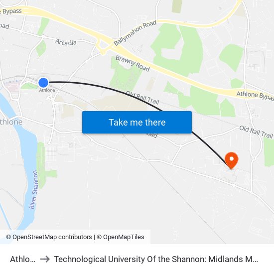 Athlone to Technological University Of the Shannon: Midlands Midwest map