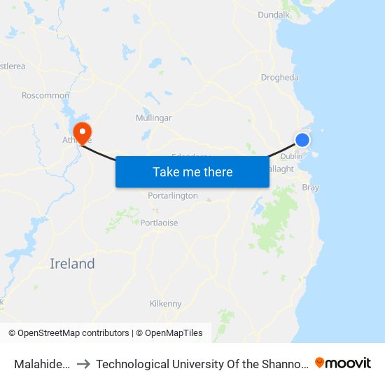 Malahide Castle to Technological University Of the Shannon: Midlands Midwest map