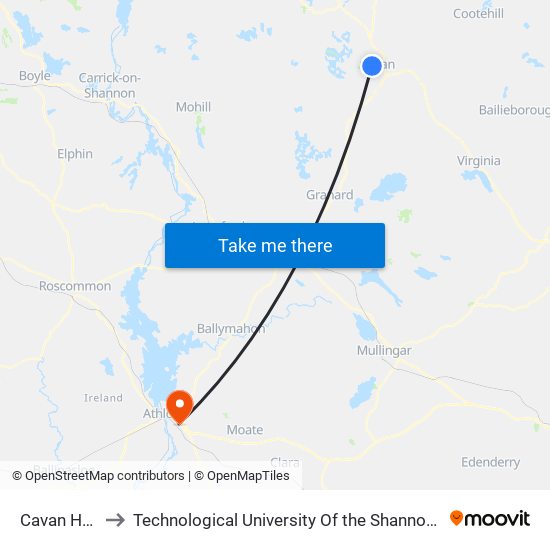 Cavan Hospital to Technological University Of the Shannon: Midlands Midwest map