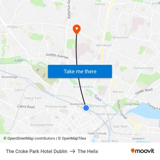 The Croke Park Hotel Dublin to The Helix map