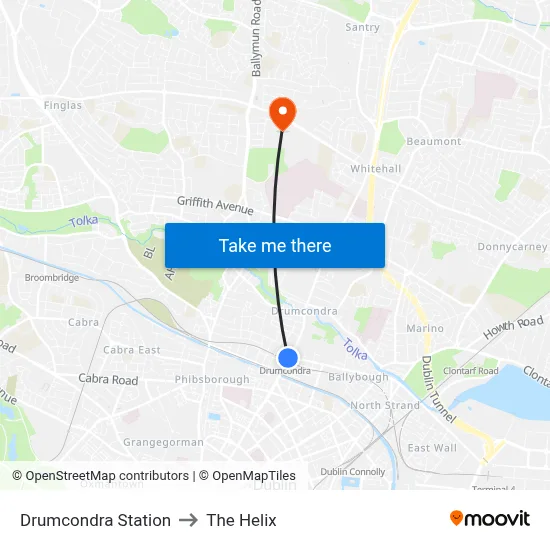 Drumcondra Station to The Helix map