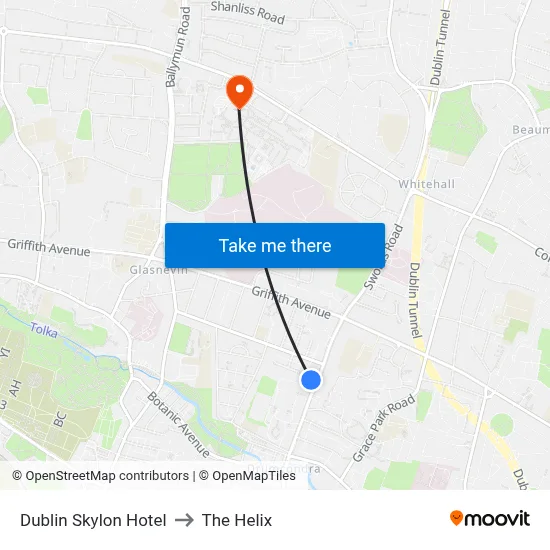 Dublin Skylon Hotel to The Helix map