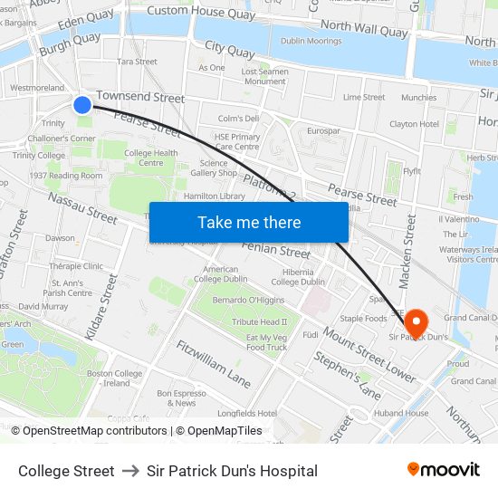 College Street to Sir Patrick Dun's Hospital map