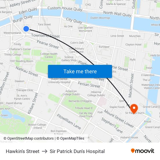 Hawkin's Street to Sir Patrick Dun's Hospital map