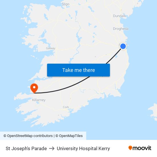 St Joseph's Parade to University Hospital Kerry map