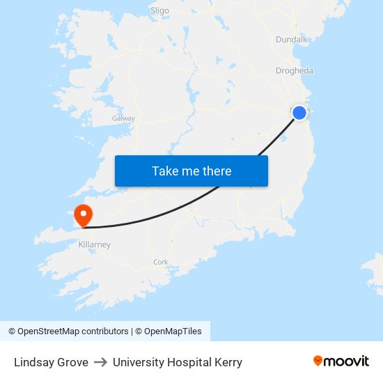 Lindsay Grove to University Hospital Kerry map
