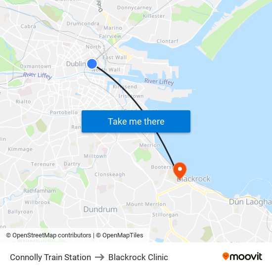 Connolly Train Station to Blackrock Clinic map