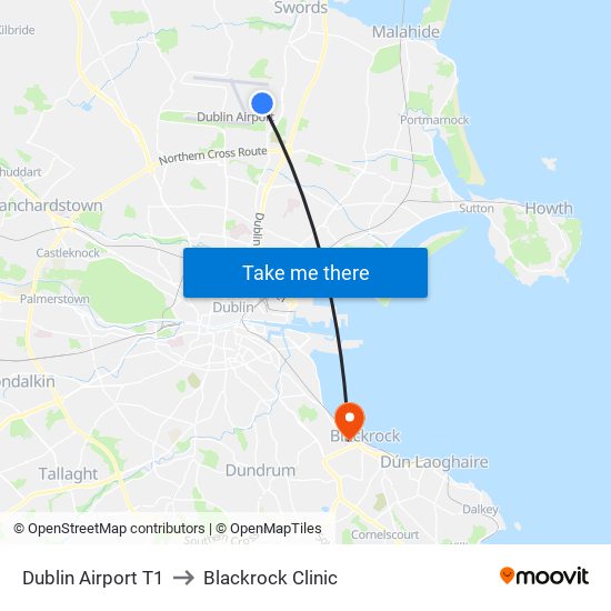 Dublin Airport T1 to Blackrock Clinic map