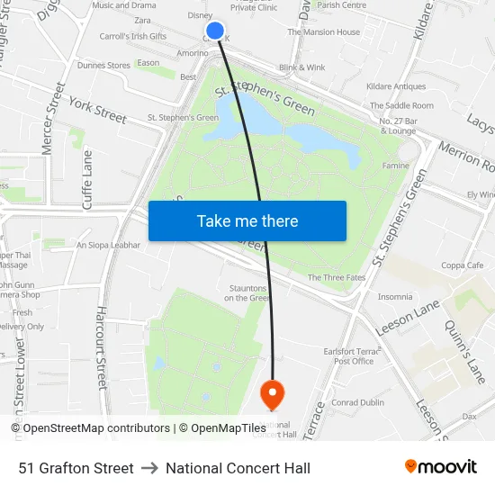 51 Grafton Street to National Concert Hall map