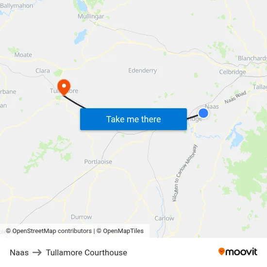 Naas to Tullamore Courthouse map
