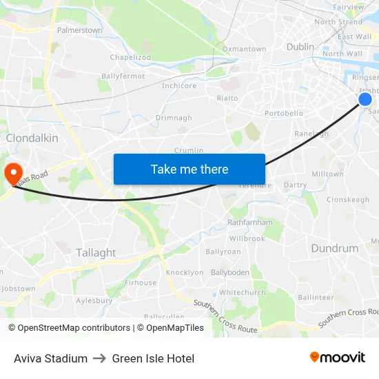 Aviva Stadium to Green Isle Hotel map