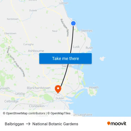 Balbriggan to National Botanic Gardens map