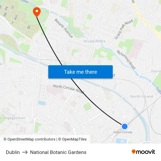 Dublin to National Botanic Gardens map