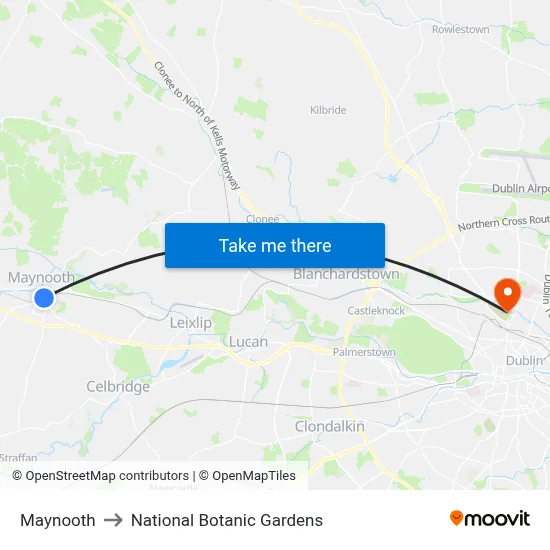 Maynooth to National Botanic Gardens map