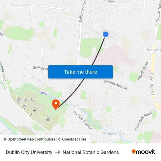 Dublin City University to National Botanic Gardens map