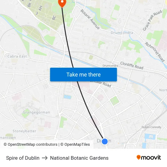 Spire of Dublin to National Botanic Gardens map