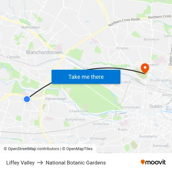 Liffey Valley to National Botanic Gardens map