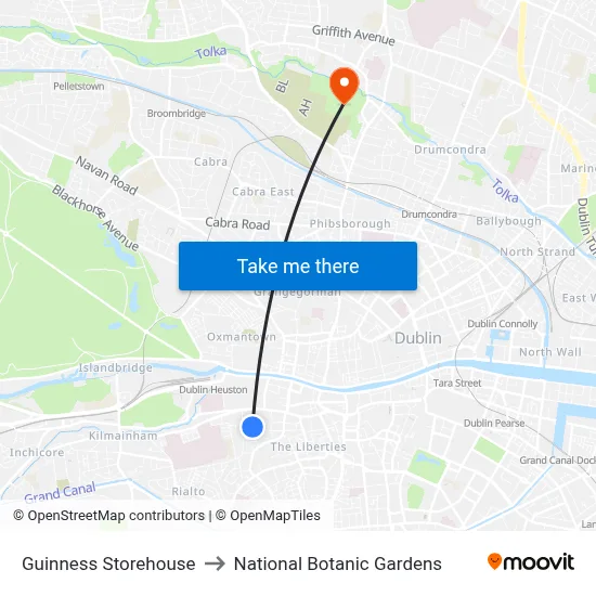 Guinness Storehouse to National Botanic Gardens map