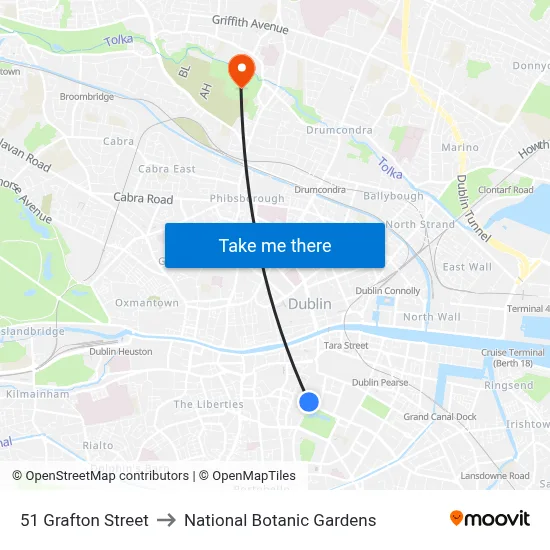 51 Grafton Street to National Botanic Gardens map