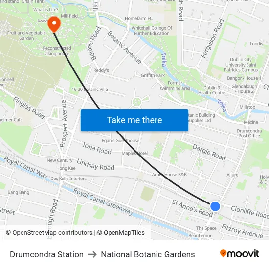Drumcondra Station to National Botanic Gardens map
