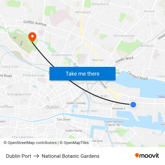 Dublin Port to National Botanic Gardens map