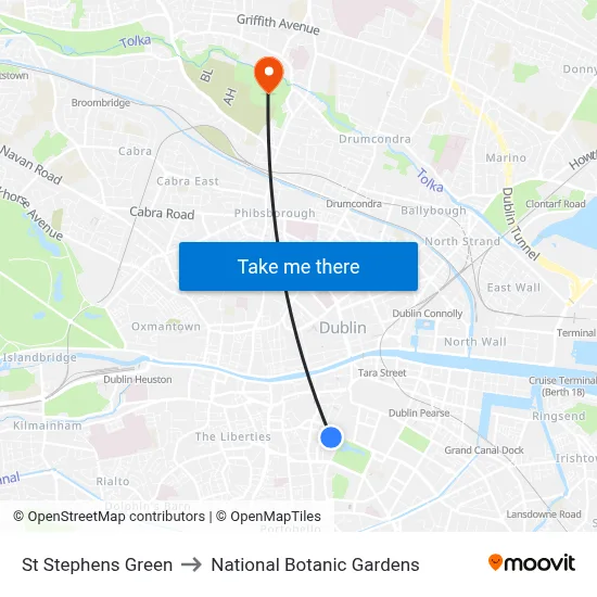St Stephens Green to National Botanic Gardens map