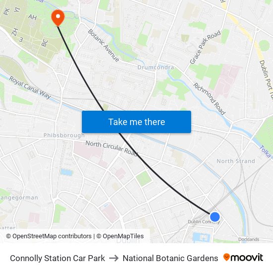 Connolly Station Car Park to National Botanic Gardens map