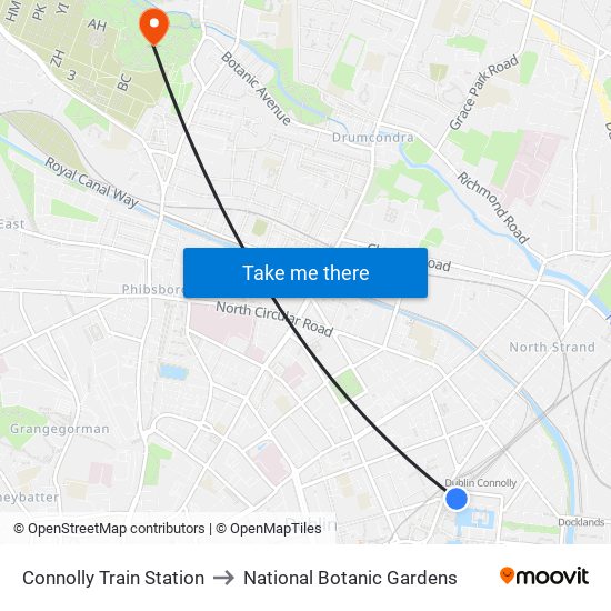 Connolly Train Station to National Botanic Gardens map