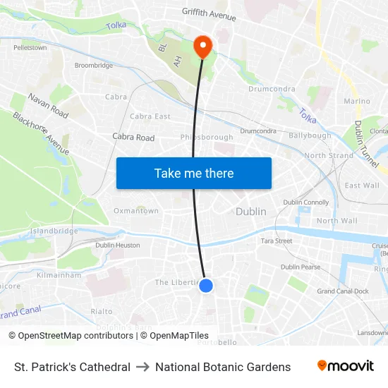 St. Patrick's Cathedral to National Botanic Gardens map