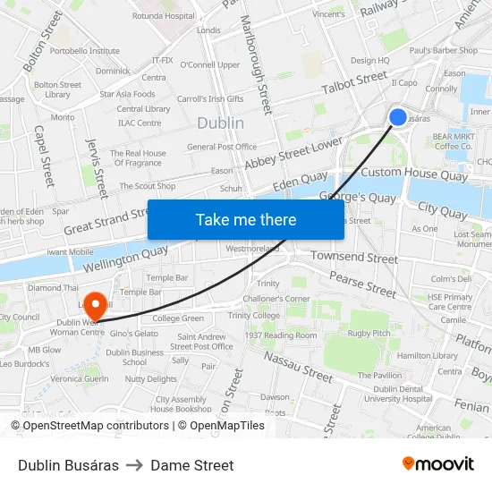 Dublin Busáras to Dame Street map