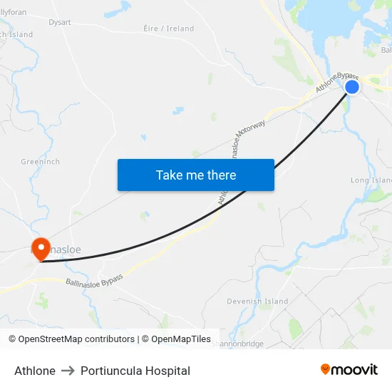 Athlone to Portiuncula Hospital map