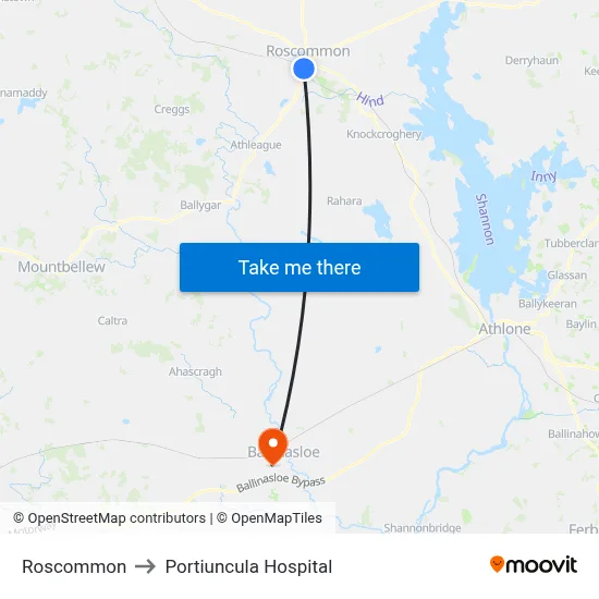 Roscommon to Portiuncula Hospital map