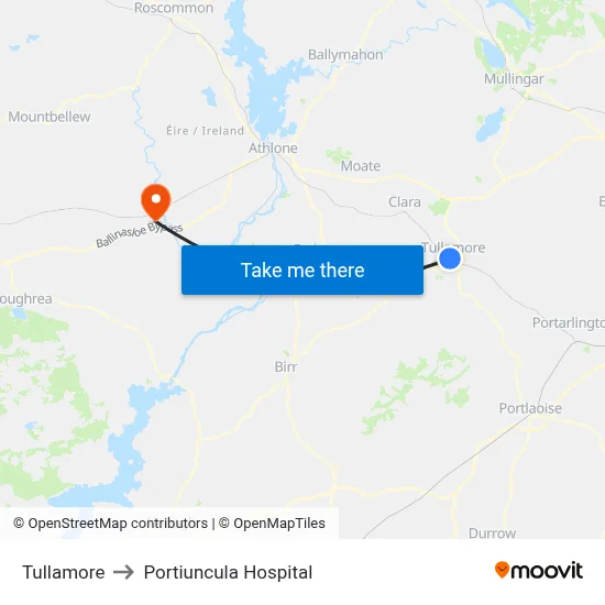 Tullamore to Portiuncula Hospital map