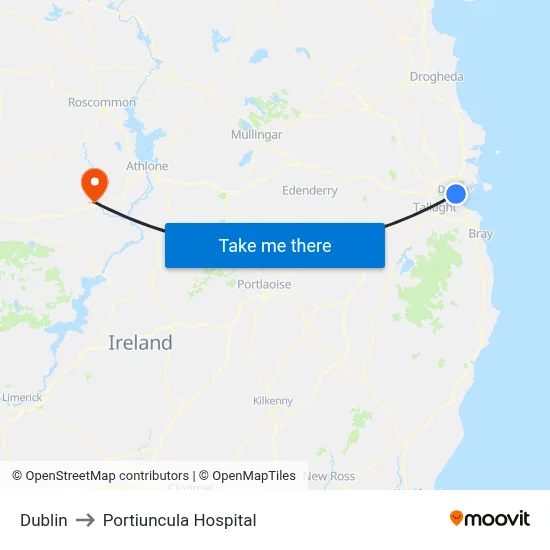 Dublin to Portiuncula Hospital map