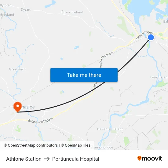 Athlone Station to Portiuncula Hospital map