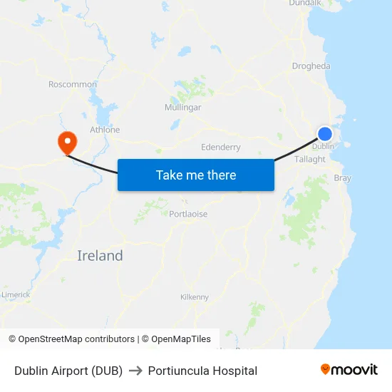 Dublin Airport (DUB) to Portiuncula Hospital map