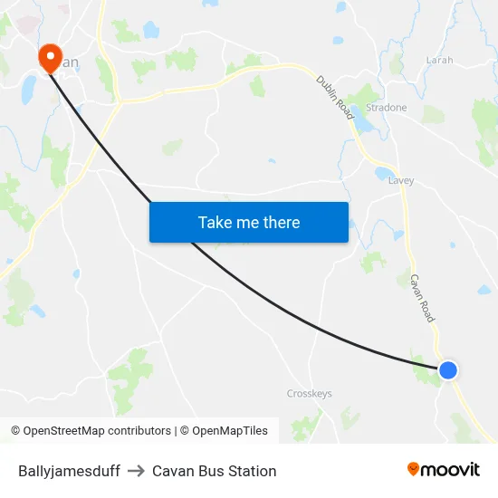 Ballyjamesduff to Cavan Bus Station map