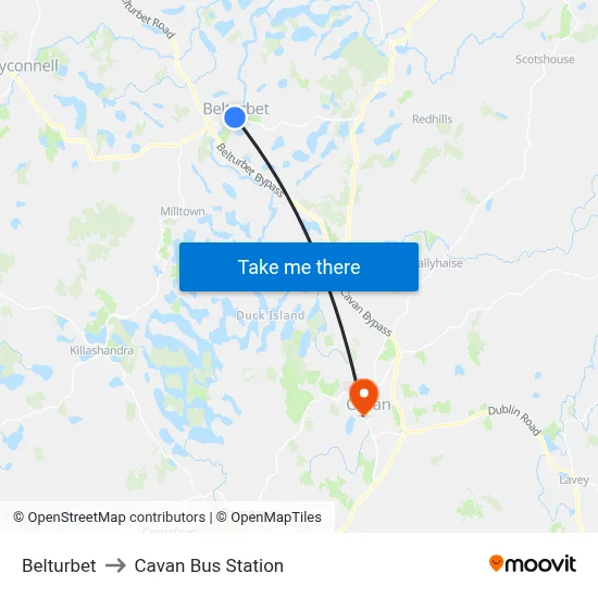 Belturbet to Cavan Bus Station map