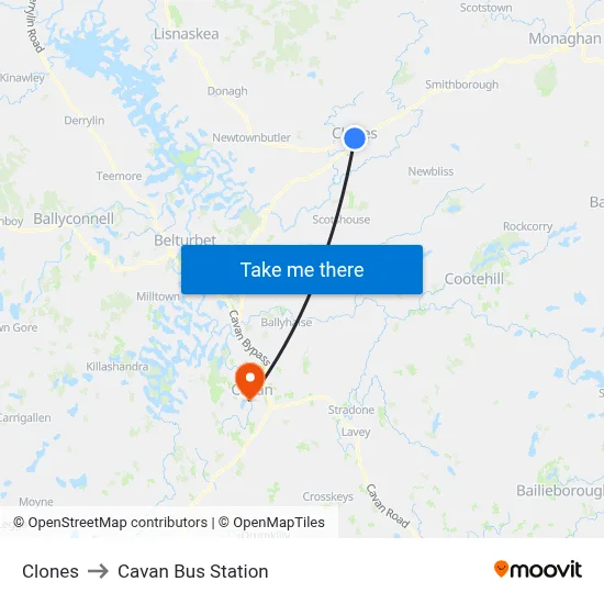 Clones to Cavan Bus Station map