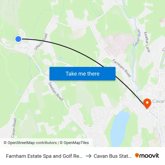 Farnham Estate Spa and Golf Resort to Cavan Bus Station map