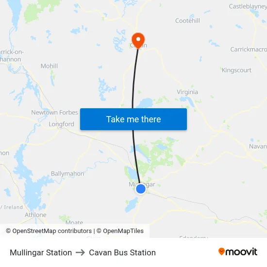Mullingar Station to Cavan Bus Station map