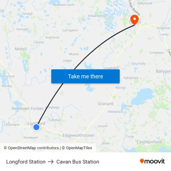 Longford Station to Cavan Bus Station map