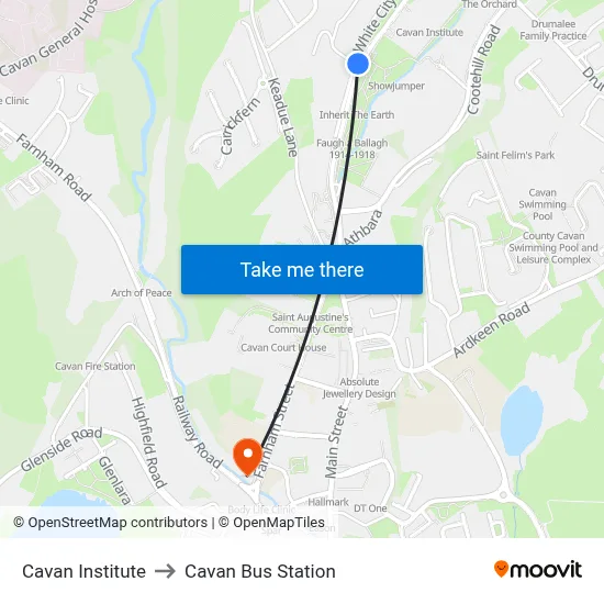 Cavan Institute to Cavan Bus Station map