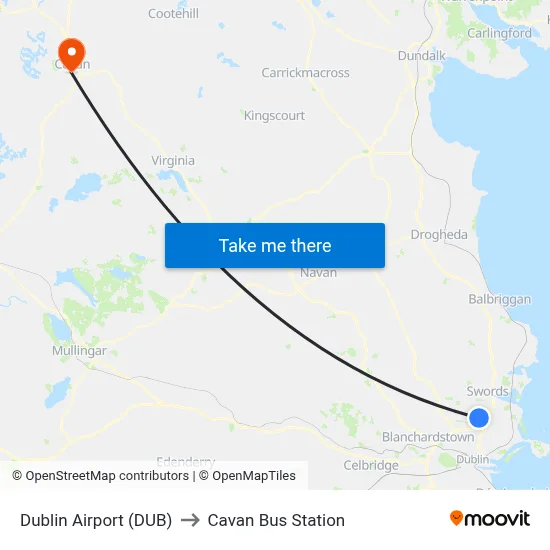 Dublin Airport (DUB) to Cavan Bus Station map