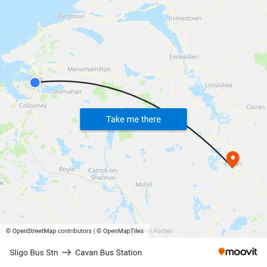 Sligo Bus Stn to Cavan Bus Station map