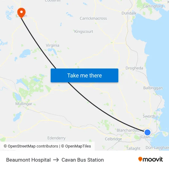 Beaumont Hospital to Cavan Bus Station map