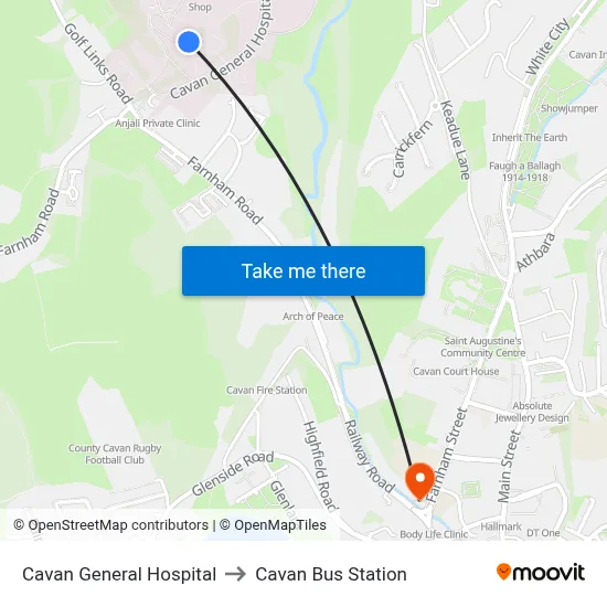 Cavan General Hospital to Cavan Bus Station map